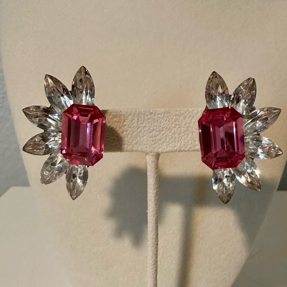Pink Rhinestone Earrings - Clip On